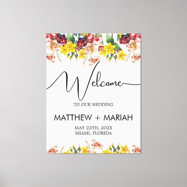 Elegant Floral Nature Calligraphy Wedding Welcome Canvas Print (Front)