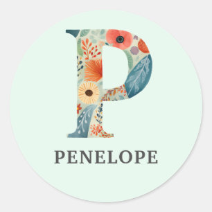 Elegant Floral Nature Letter P Personalised Name Classic Round Sticker