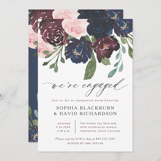 Elegant Floral Navy and Plum | Engagement Party Invitation (Front/Back)
