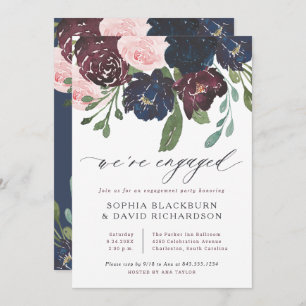 Elegant Floral Navy and Plum Engagement Party Invitation