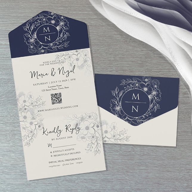 Elegant Floral Navy and Silver Wedding All In One Invitation (Creator Uploaded)