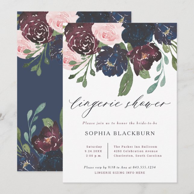 Elegant Floral Navy Blue and Plum Lingerie Shower Invitation (Front/Back)