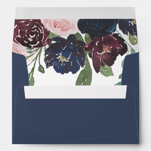 Elegant Floral Navy Blue and Plum on Dark Blue Envelope (Back (Bottom))