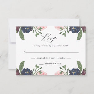 Elegant Floral Navy Blue and Plum Wedding RSVP Card