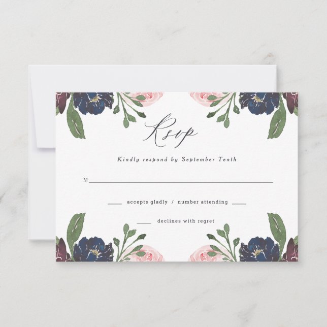 Elegant Floral Navy Blue and Plum | Wedding RSVP Card (Front)