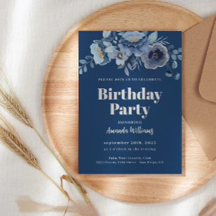 Elegant Floral Navy Blue Birthday Party Invitation