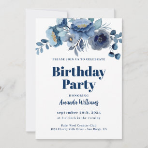 Elegant Floral Navy Blue Birthday Party Invitation