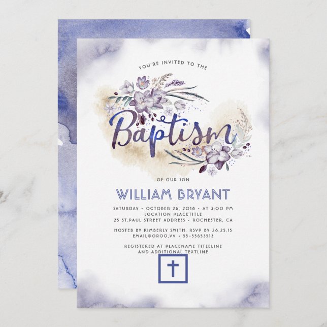 Elegant Floral Navy Blue Boy Baptism Invitation (Front/Back)