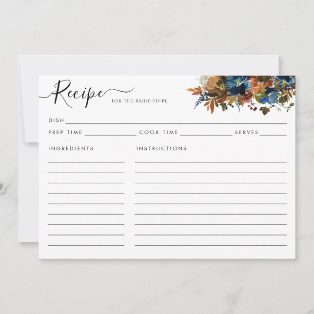 Elegant Floral Navy Blue Bridal Shower Recipe Card (Front)