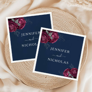 Elegant Floral Navy Blue Burgundy Peonies Wedding Napkin