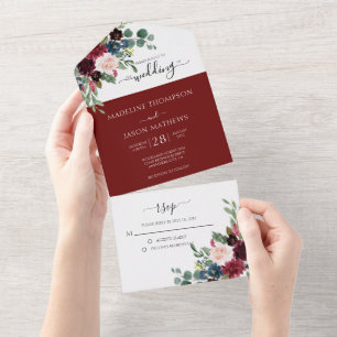 Elegant Floral Navy Blue Burgundy Red Wedding All  In One Invitation
