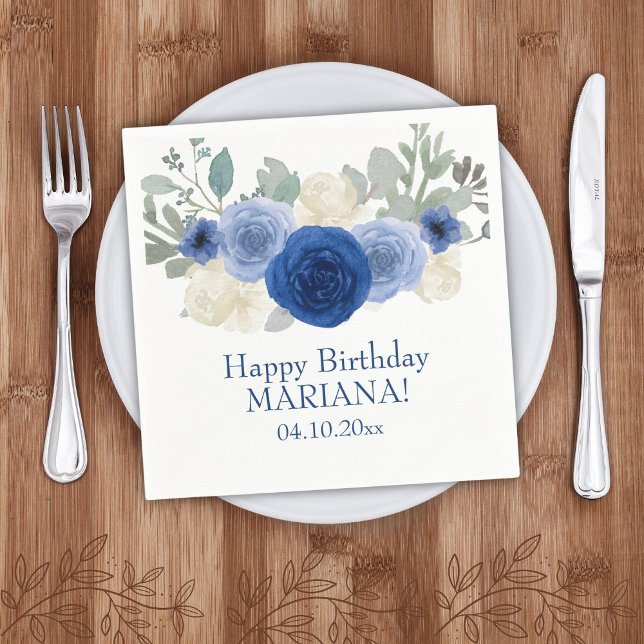 Elegant Floral Navy Blue Floral Birthday Party Napkin (Creator Uploaded)