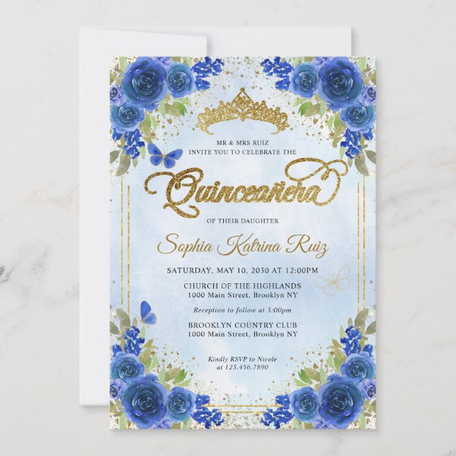 Elegant Floral Navy Blue Gold Tiara Quinceañera Invitation (Front)