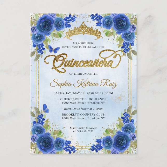 Elegant Floral Navy Blue Gold Tiara Quinceañera Postcard (Front)