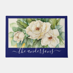 Elegant Floral Navy Blue Magnolia Flowers Name Doormat