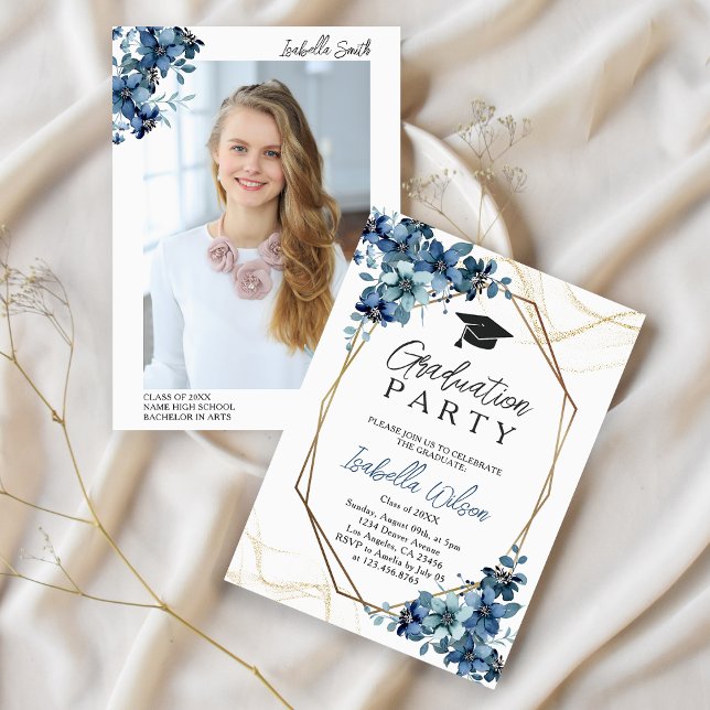 Elegant Floral Navy Blue Photo Graduation Party  Invitation (Creator Uploaded)
