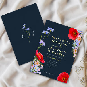 Elegant Floral Navy Blue Red Wedding Gold