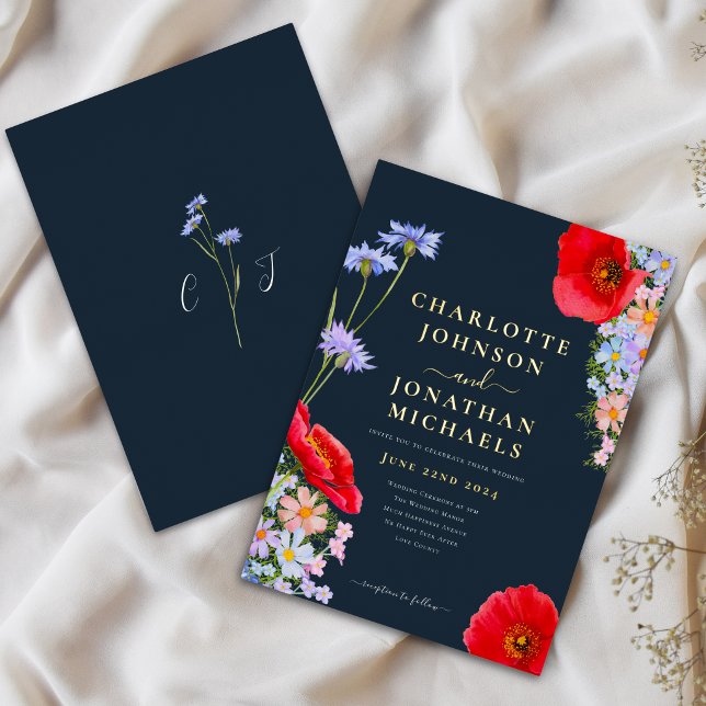 Elegant Floral Navy Blue Red Wedding Gold (Elegant watercolor wildflower navy blue red orange blush pink gold foil wedding invitation)
