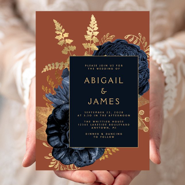 Elegant Floral Navy Blue Rust Gold Wedding Invitation (Creator Uploaded)