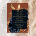 Elegant Floral Navy Blue Rust Gold Wedding Menu<br><div class="desc">This elegant wedding menu features a lush,  romantic floral bouquet in navy blue with gold faux foil and glitter foliage on a rust or burnt orange background. Customise the gold-coloured text in stylish fonts on a navy blue rectangle. The back of the card is solid rust.</div>