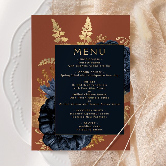 Elegant Floral Navy Blue Rust Gold Wedding Menu (Creator Uploaded)