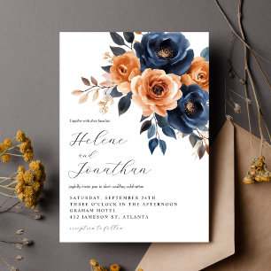 Elegant Floral Navy Blue Terracotta Garden Wedding Invitation