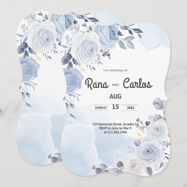 Elegant Floral Navy Blue Wedding invitation (Front/Back)