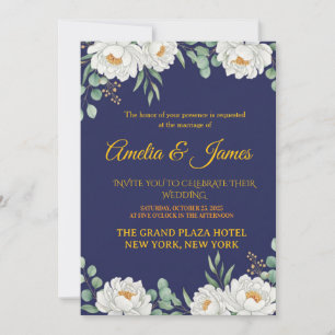Elegant Floral Navy Blue Wedding Invitation