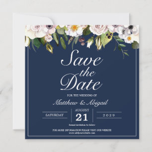 Elegant Floral Navy Blue Wedding Save The Date