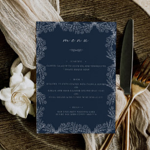 Elegant Floral Navy Blue Wedding Table Dinner Menu