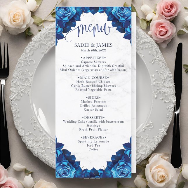 Elegant Floral Navy Blue & White Marble Wedding  Menu (Creator Uploaded)