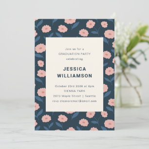 Elegant Floral Navy Pink Modern Graduation Party  Invitation