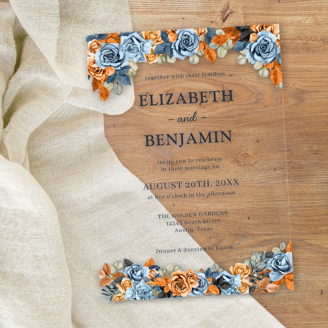 Elegant Floral Navy Rust Dark Terracota Wedding Acrylic Invitations (Creator Uploaded)