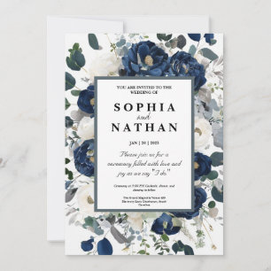 Elegant Floral Navy & White Wedding Invitation