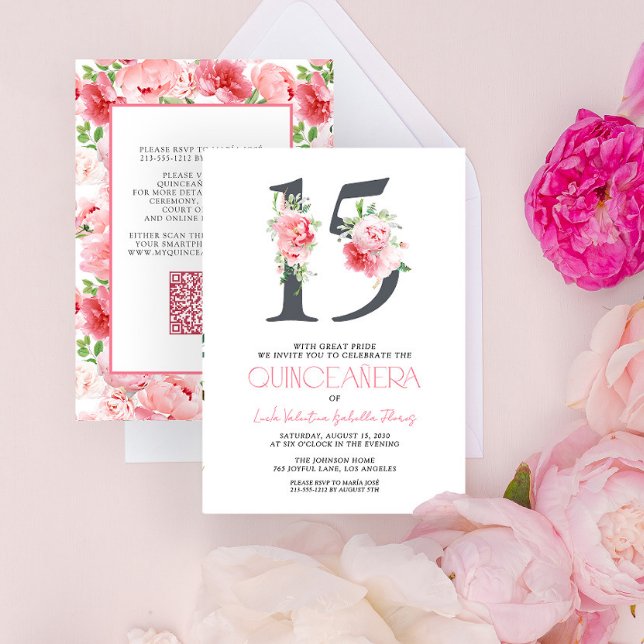 Elegant Floral Number 15 Pink QR Quinceañera Invitation (Creator Uploaded)