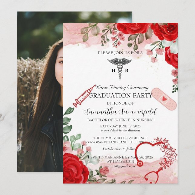 Elegant Floral Nursing Graduation Invitation | Red (Front/Back)