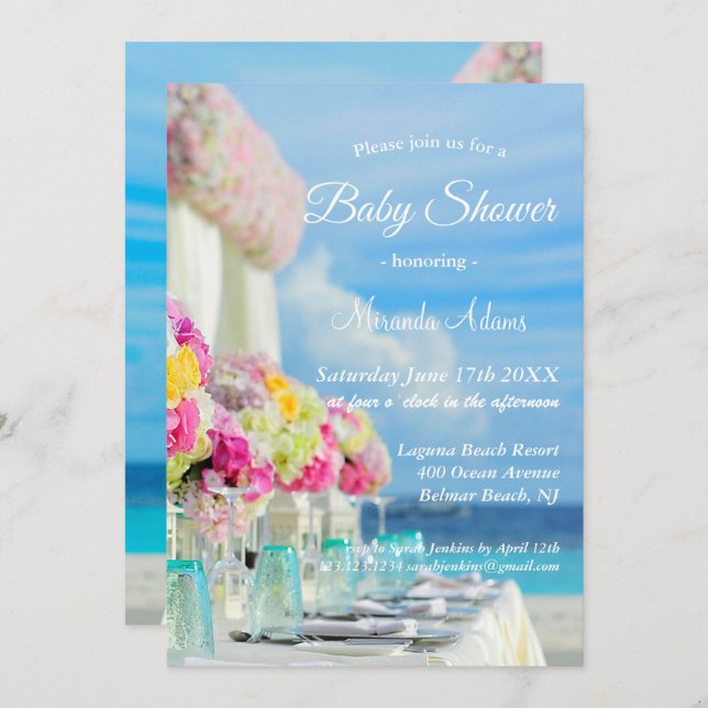 Elegant Floral Ocean Beach Summer Baby Shower Invitation (Front/Back)