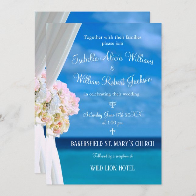 Elegant Floral Ocean Beach Summer Wedding Ceremony Invitation (Front/Back)
