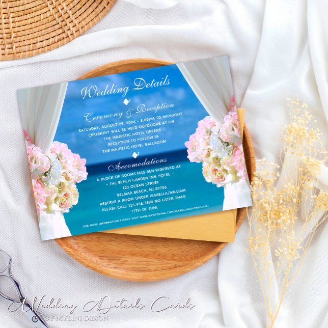 Elegant Floral Ocean Beach Summer Wedding Details Invitation (Creator Uploaded)