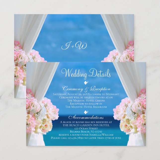 Elegant Floral Ocean Beach Wedding Details Invitation (Front/Back)
