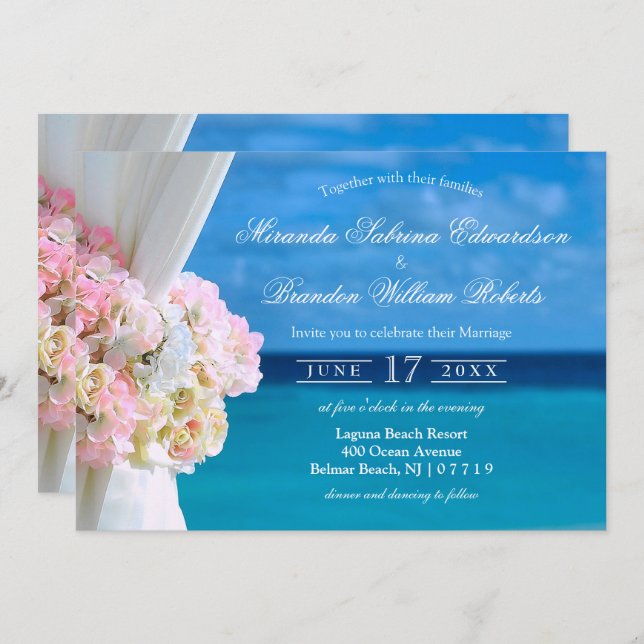Elegant Floral Ocean Beach Wedding Invitation (Front/Back)