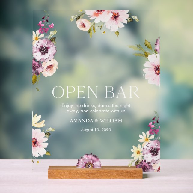 Elegant Floral Open Bar Sign  (Neutral)