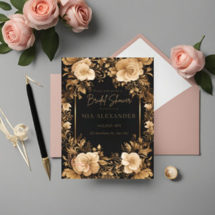 Elegant Floral: Opulent Black & Gold Bridal Shower Invitation