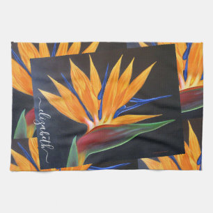 Elegant Floral Orange Bird Of Paradise Name Script Tea Towel