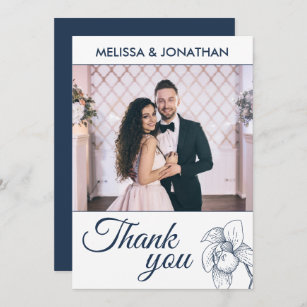 Elegant floral orchids line drawing wedding photo thank you card