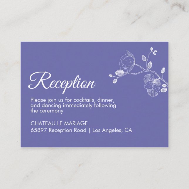 Elegant floral orchids modern periwinkle reception enclosure card (Front)