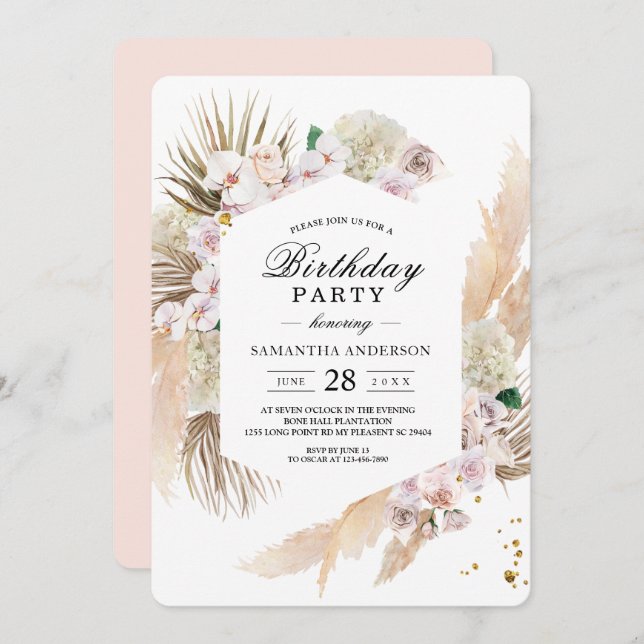 Elegant Floral Orchids & Pampas Beauty Frame Invitation (Front/Back)