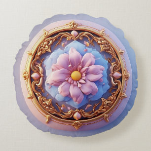 Elegant Floral Ornament With Golden Accents Round Cushion