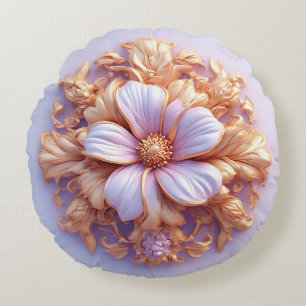 Elegant Floral Ornament With Golden Accents Round Cushion