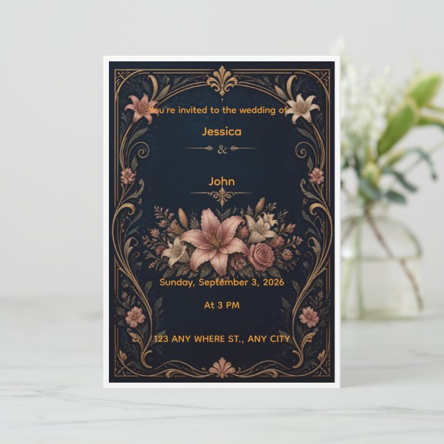 Elegant Floral Ornate Wedding Invitation (Standing Front)